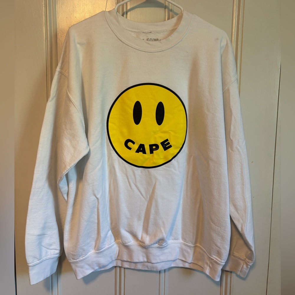 White Crewneck Sweatshirt with Yellow Smile Graphic -